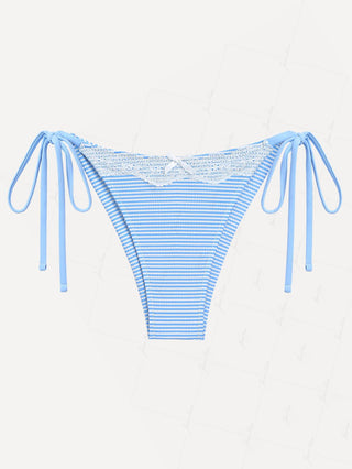 Light Blue Striped Contrast Lace Bowknot Tie Side Brazilian Bikini Bottom
