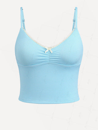Sky Blue Plaid Ruched Lace Bowknot Cami Tankini Top