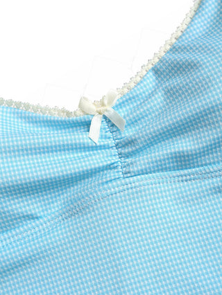 Sky Blue Plaid Ruched Lace Bowknot Cami Tankini Top