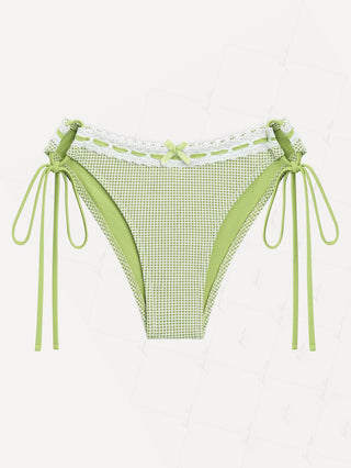 Green Gingham Lace Bowknot Cinched Tie Side Hipster Bikini Bottom