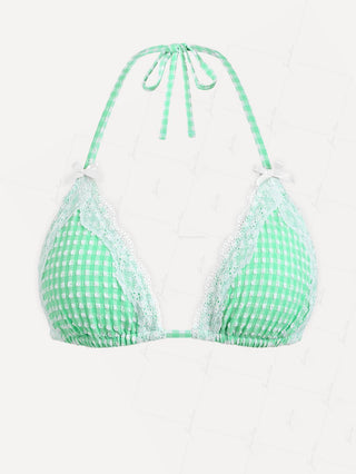 Green Bubble Grid Lace Bowknot Halter Triangle Bikini Top