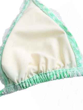 Green Bubble Grid Lace Bowknot Halter Triangle Bikini Top