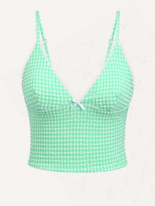 Green Bubble Grid Picot Trim Bowknot Tankini Top