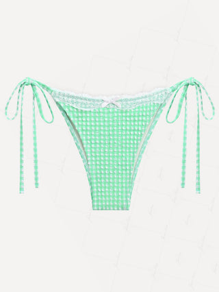Green Bubble Grid Lace Bowknot Tie Side Cheeky Bikini Bottom