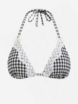 Black Plaid Lace Bowknot Halter Triangle Bikini Top