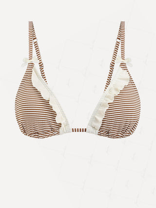 Coffee Striped Frilled Ruffles Bowknot Triangle Bikini Top
