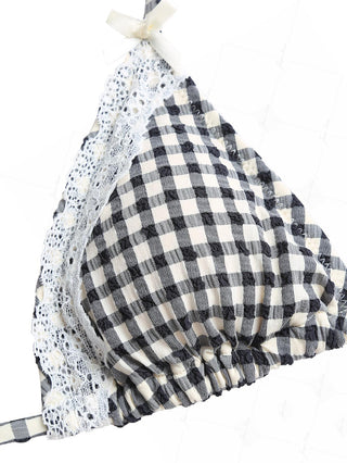 Black Plaid Lace Bowknot Halter Triangle Bikini Top