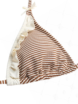 Coffee Striped Frilled Ruffles Bowknot Triangle Bikini Top