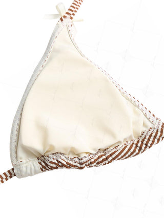 Coffee Striped Frilled Ruffles Bowknot Triangle Bikini Top