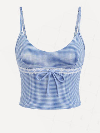 Blue Knitted Plaid Contrast Lace Trim Bowknot Cami Tankini Top