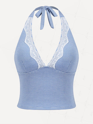 Blue Knitted Plaid Contrast Lace Plunging Neck Halter Tied Tankini Top