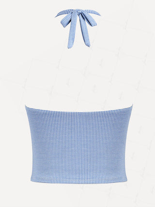 Blue Knitted Plaid Contrast Lace Plunging Neck Halter Tied Tankini Top