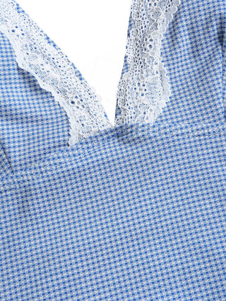 Blue Knitted Plaid Contrast Lace Plunging Neck Halter Tied Tankini Top