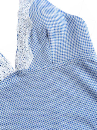 Blue Knitted Plaid Contrast Lace Plunging Neck Halter Tied Tankini Top