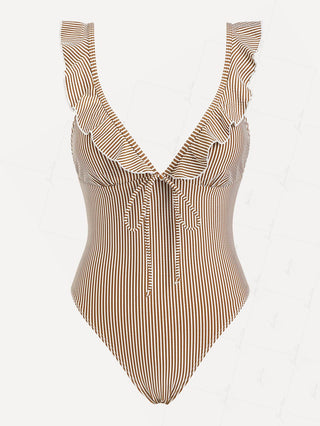 Coffee Striped Ruffles Trim Tied Plunging Neck One-piece Swimsuit
