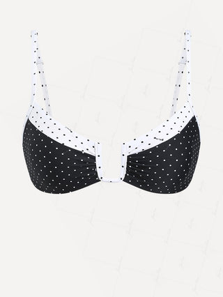 Black Colorblock Polka Dot Print Ruched U-ring Bikini Top