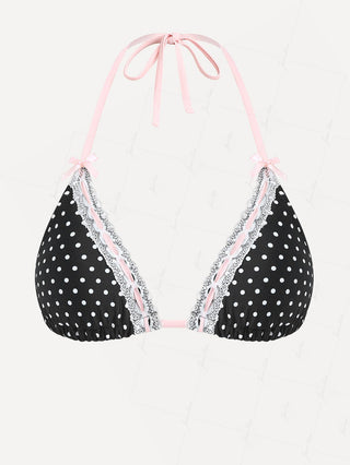 Vintage Black Polka Dot Lace Bowknot Halter Triangle Bikini Top