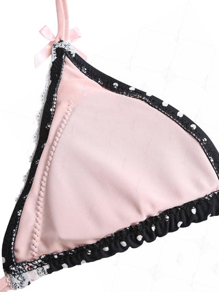 Vintage Black Polka Dot Lace Bowknot Halter Triangle Bikini Top