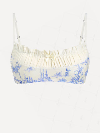Crystal Cream Toile de Jouy Spliced Ruched Ruffles Bikini Top