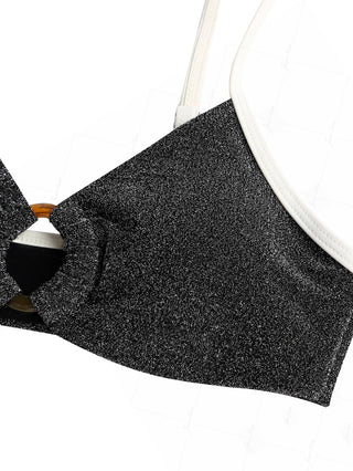 Black Lurex Sparkly Contrast Binding O Ring Bikini Top