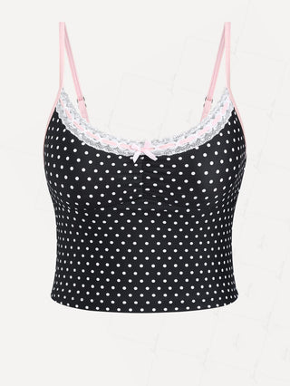 Vintage Black Polka Dot Lace Bowknot Tankini Top