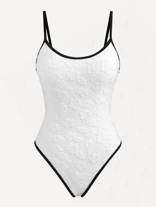 White Terry Cloth Jacquard Contrast Binding One-piece Swimsuit