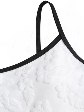 White Terry Cloth Jacquard Contrast Binding One-piece Swimsuit