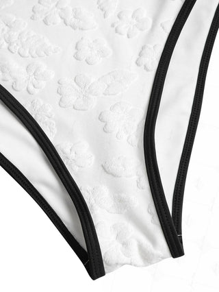 White Terry Cloth Jacquard Contrast Binding One-piece Swimsuit