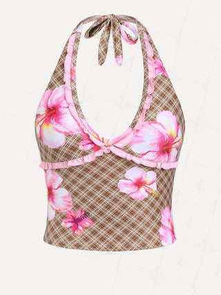 Coffee Plaid Floral Print Frilled Ruffles Plunging Neck Halter Tied Tankini Top