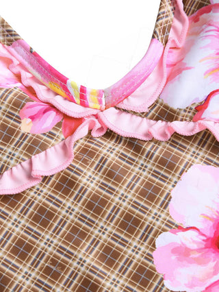 Coffee Plaid Floral Print Frilled Ruffles Plunging Neck Halter Tied Tankini Top