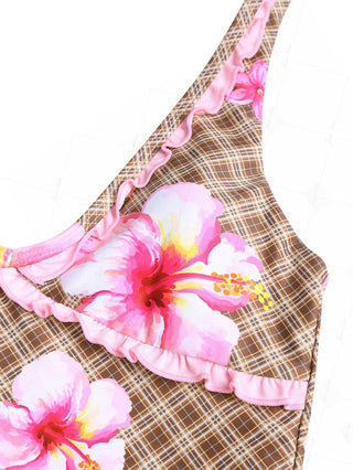 Coffee Plaid Floral Print Frilled Ruffles Plunging Neck Halter Tied Tankini Top