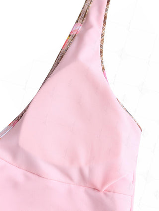 Coffee Plaid Floral Print Frilled Ruffles Plunging Neck Halter Tied Tankini Top