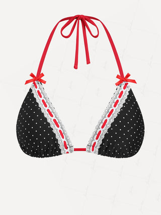 Black Polka Dot Print Vintage Lace Bowknot Halter Triangle Bikini Top