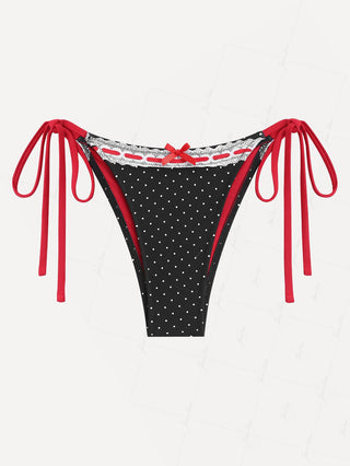 Black Polka Dot Print Vintage Lace Bowknot Tie Side Bikini Bottom