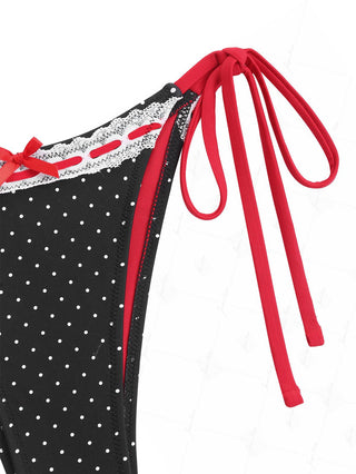 Black Polka Dot Print Vintage Lace Bowknot Tie Side Bikini Bottom