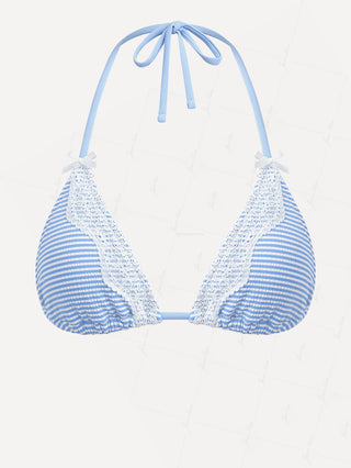Light Blue Striped Contrast Lace Bowknot Halter Triangle Bikini Top