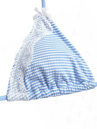 Light Blue Striped Contrast Lace Bowknot Halter Triangle Bikini Top