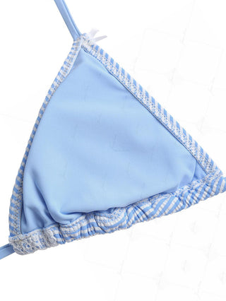 Light Blue Striped Contrast Lace Bowknot Halter Triangle Bikini Top