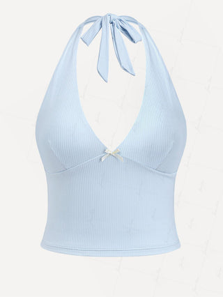 Light Blue Ribbed Knit Bowknot Plunging Neck Halter Tied Tankini Top
