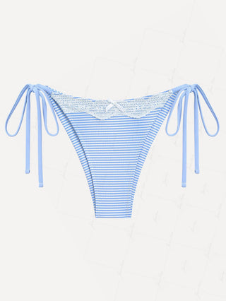 Light Blue Striped Contrast Lace Bowknot Tie Side Brazilian Bikini Bottom