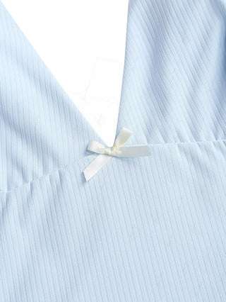 Light Blue Ribbed Knit Bowknot Plunging Neck Halter Tied Tankini Top