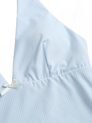 Light Blue Ribbed Knit Bowknot Plunging Neck Halter Tied Tankini Top