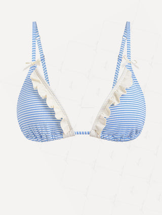 Light Blue Striped Frilled Ruffles Bowknot Triangle Bikini Top