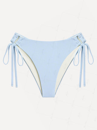 Light Blue Ribbed Knit Cinched Tie Side Hipster Bikini Bottom