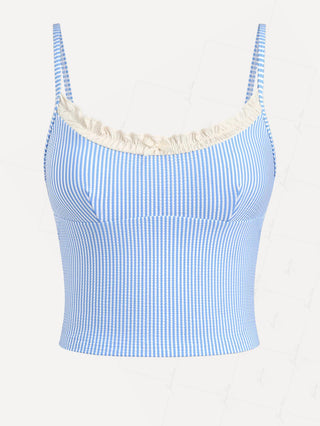 Light Blue Striped Spliced Ruched Ruffles Bowknot Tankini Top