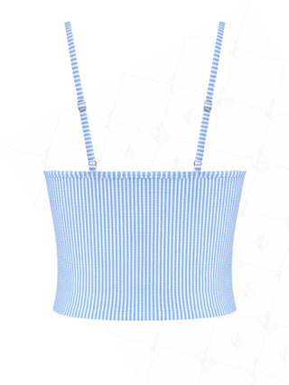 Light Blue Striped Spliced Ruched Ruffles Bowknot Tankini Top