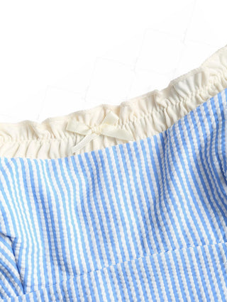 Light Blue Striped Spliced Ruched Ruffles Bowknot Tankini Top