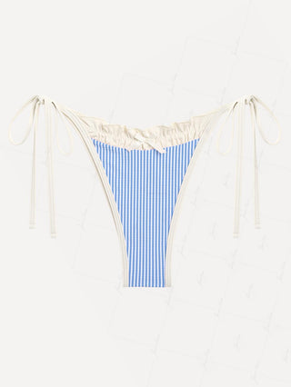 Sky Blue Striped Spliced Ruched Tie Side Cheeky Bikini Bottom