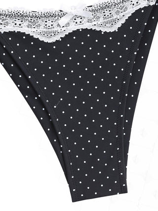 Black Polka Dot Print Lace Bowknot Tie Side Bikini Bottom