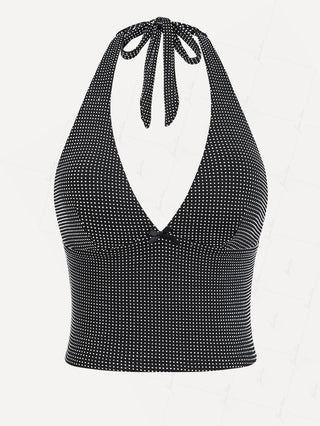 Black Pin Dot Jacquard Fabric Plunging Neck Halter Tied Tankini Top